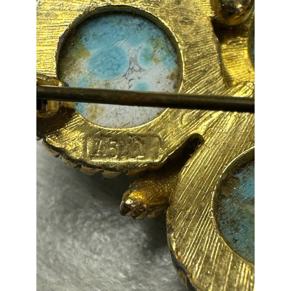Vintage Cathe Gold Tone Faux Turquoise Cabochon Flower Brooch Pin USA Made - Picture 3 of 11